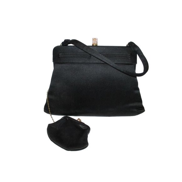 *Vintage Magid Black Peau de Soie Satin Rhinestone Snap Closure Evening Bag - Picture 8 of 8